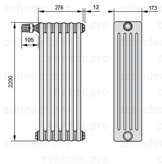 Схема (чертеж) Радиатор Zehnder Charleston 5220/6 №V012 Белый глянцевый RAL 9016